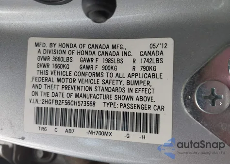 2012 Honda Civic Lx z USA, uszkodzony, nr VIN 2HGFB2F56CH573568